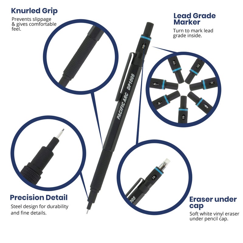 Pacific Arc Chromagraph Metal Mechanical Pencil .5 mm Black Barrel Mechanical Pencil with Built In Lead Pencil Grade Indicator, Lead Pencil Holder for Drafting, Sketching, and Drawing - Image 3